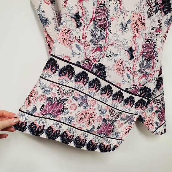 Angie Boho Floral Printed Longline Topper L Blue White Lightweight Flowy Beachy - Picture 4 of 10